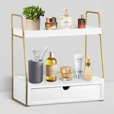 Imagem de Organizador de banheiro de 2 camadas com gaveta, organizador de madeira para decoração de banheiro, prateleira de pia para armazenamento de vaidade, bandeja de maquiagem para perfume, cuidados com a