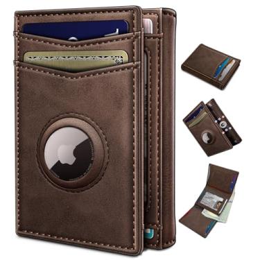 Imagem de miyozi Carteira masculina AirTag, com bolso para dinheiro, 2 janelas para identidade, 14 a 16 cartões, fecho magnético, carteira de couro fina com três dobras, 10 cm x 7,9 cm, bolso frontal com