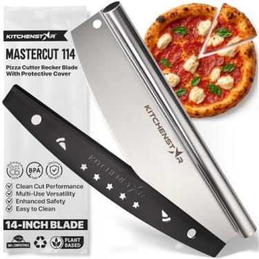Imagem de KitchenStar Lâmina basculante para cortador de pizza de 35,5 cm - Faca afiada de aço inoxidável, capa protetora, pode ser lavada na lava-louças, grande - Acessórios profissionais para forno de pizza