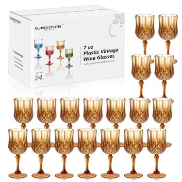Imagem de XUWAIDSGN Copos de vinho vintage de plástico de 200 ml, taças inquebráveis para casamento, taças de água de cristal, reutilizáveis, taças de champanhe vintage (24, marrom)
