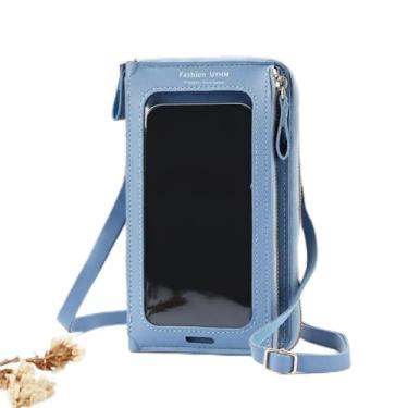 Imagem de Carteira feminina de couro genuíno com dobra dupla/tripla - Suporte minimalista para cartão de crédito com bloqueio de RFID e bolso para moedas, Azul, Casual