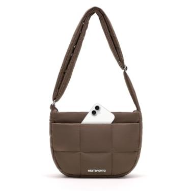 Imagem de WESTBRONCO Bolsa tiracolo feminina acolchoada de nylon com alça ajustável, Café