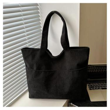 Imagem de Sacola feminina, bolsa de ombro casual com zíper de veludo cotelê, bolsa de ombro de grande capacidade com bolsa (preto)