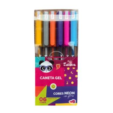 Imagem de Kit Caneta Gel Luluca 06 Cores Neon C/ Glitter Ponta 1.0mm Escolar Pan