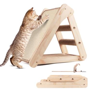 Imagem de Placa arranhadora de sisal para gatos, rampa triangular para arranhar gatos com escada de escalada, tábua de arranhar de madeira com 2 peças de almofada de sisal para gatinhos e pequenos animais uso