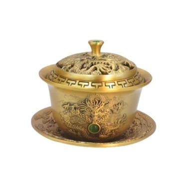 Imagem de Entrelaçados Conjunto de tigela de chá Dragon-Phoenix em liga de estilo chinês: ornamento de decoração de mesa de escritório em casa e utensílios de chá práticos