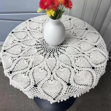 Imagem de USTIDE Toalha de mesa redonda de crochê bege feita à mão - 70 cm de renda vintage de algodão para decoração de casamento e jantar