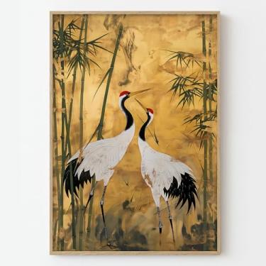 Imagem de Arte de parede de guindaste preto e branco pinturas de pássaros vintage imagens de bambu verde impressão de guindaste japonês arte de parede de garça vintage arte de parede verde e dourada imagem de