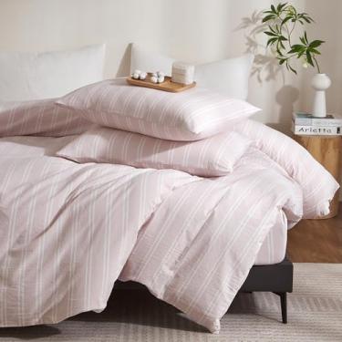 Imagem de MWL Toy Conjunto de capa de edredom king size rosa branco listrado linho de algodão lavado sensação chique conjunto de cama para todas as estações respirável durável texturizado (HFBT)