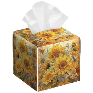 Imagem de Pacote com 2 caixas de lenços de girassol amarelo, quadrado, floral, couro PU, porta-lenços à prova d'água, organizador de papel facial, dispensador para banheiro, cozinha, casa, escritório, carro