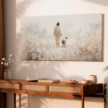 Imagem de Quadro Decorativo Jesus E Ovelha Fé Grande para Sala Religioso Palha Quarto Hall Luxo Horizontal Decoração Parede Tela Escritório (130x70 cm)