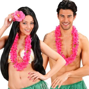 Imagem de Colar Havaiano de Luxo Muito Cheio Flores Monocromatica Unissex 50 cm para Luau Carnaval Festa Havai (Rosa)