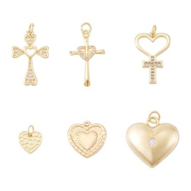 Imagem de Craftdady 6 peças de pingentes de coração de zircônia cúbica, pingente de crucifixo religioso banhado a ouro 18 K, 6 estilos para fazer joias, pulseiras, colar, brincos, artesanato, faça você mesmo, a