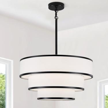 Imagem de LWYTJO Lustre de tambor de 19,8 polegadas para sala de jantar, luminária pendente de tecido branco com 5 luzes, lustre preto de 3 camadas para sala de estar, quarto, entrada e escadaria