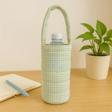 Imagem de Manga para copo isolada xadrez, suporte de copo de tecido acolchoado com alça, bolsa térmica portátil para garrafa de água (verde)