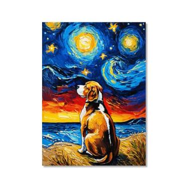 Imagem de Pintura a óleo floral colorida abstrata Van-Gogh Dog Starry Night Pôster em tela de arte de parede impressões engraçadas de animais para decoração de casa e sala de estar de fazenda (SKU1,40.6x50.8 cm
