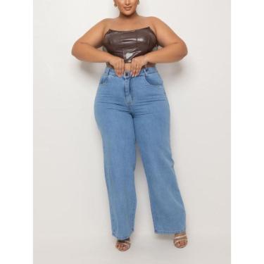 Imagem de Calça Jeans Feminina Plus Size Cintura Alta Azul Clara Sky Wideleg