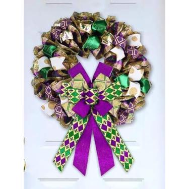 Imagem de Grande laço de carnaval para coroa de flores, coroa de carnaval com purpurina, laço de festival de carnaval para porta da frente, interior e exterior, enfeite de decoração de porta