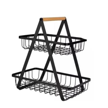 Imagem de Fruteira Cesto de Mesa Aramado Multiuso, Metal e Madeira, Dois Andares, Design Moderno, Organizador de Frutas, Prata, 30x30x15 cm