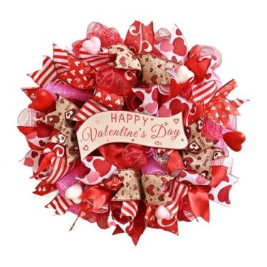 Imagem de Fancyes Guirlanda de malha para o Dia dos Namorados, guirlandas de 40 cm (16 polegadas) com fita de malha, decoração para porta de entrada, festa, casa,