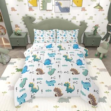 Imagem de jejeloiu Conjunto de cama com desenho animado de dinossauro, macio, para meninos e meninas, fofo, colorido, conjunto de edredom de animais selvagens, microfibra para decoração de quarto, 2 peças com 1