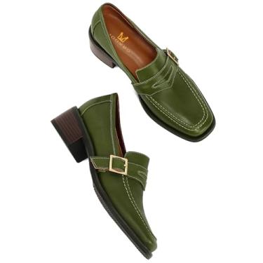 Imagem de MOOMMO Mocassins Femininos Clássicos Penny Fechados Bico Quadrado Patenteado Salto Baixo Fivela de Metal 5 cm Salto Grosso Confortável Escritório Senhora Sapato Mocassim Vestido Vintage, Verde oliva