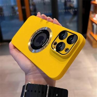 Imagem de Capa de luxo fosca em cor sólida para iPhone 17, 16 Pro Max, 17 Air, 11, 12, 13, 14, 15 Plus com proteção magnética para a câmera, amarela, para iPhone 13