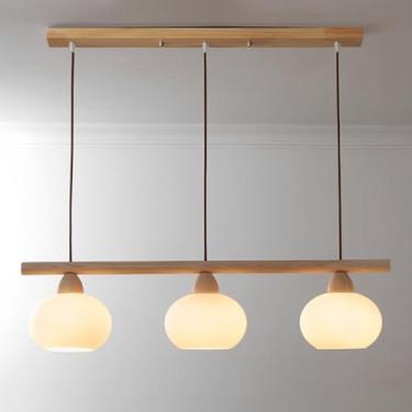 Imagem de Lustre linear de 31 polegadas com 3 lâmpadas, luminária pendente de vidro para ambientes internos, ideal para sala de jantar, restaurante, cozinha e ilha. Lustre de madeira com cúpula de vid