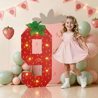 Imagem de Decorações de festa de aniversário de morango para casa, número 9 para letreiro de papelão de espuma de 9 m, decorações de aniversário com tema de morango, números iluminados 9