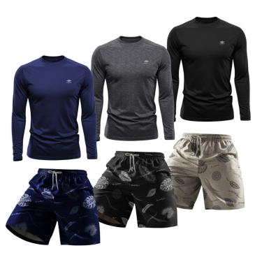 Imagem de Kit 3 Camisetas Manga Longa Dry Proteção UV e 3 Shorts Estampados Verão Praia Casual-Masculino
