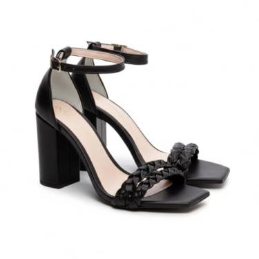 Imagem de Sandália Feminina Salto Alto Grosso 8,5cm Napa com Tira Trançada e Fivela Ajustável – Elegante e Confortável (Preto, BR, Adulto, Numérico, 35)