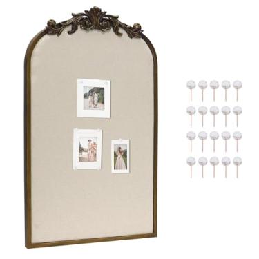 Imagem de CASOLLY Quadro de avisos de tecido em arco, quadros de avisos dourados antigos 33 x 63,5 cm, quadro de cortiça vintage com moldura de ferro ornamentada para exibição exclusiva na parede, organização e