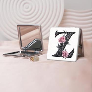 Imagem de Espelho de maquiagem portátil de couro PU retrô europeu com letras florais, mini espelho dobrável de mão dupla face, quadrado para retoque, presente ideal para todas as ocasiões