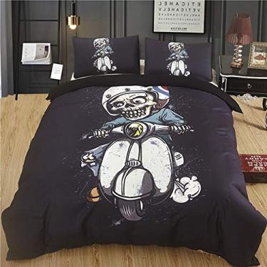 Imagem de Conjunto de capa de edredom preto de caveira de desenho animado esqueleto decoração de motocicleta colcha microfibra impressão 3D conjunto de edredom conjuntos de capa de edredom (tamanho: US completo
