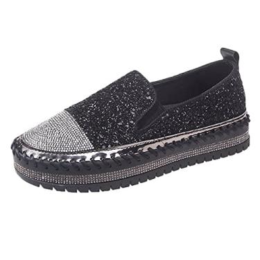 Imagem de SUGURETA Tênis feminino moderno de strass sem cadarço, casual, confortável, plataforma, tênis de caminhada, lindo laço com glitter, loafers brilhantes, A - Preto, 40