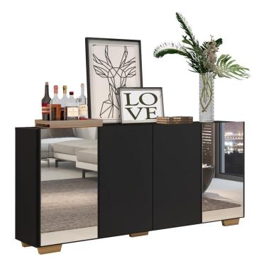 Imagem de Aparador Buffet 4 Portas Com Espelho E Pés Quadrados Vegas V3563 Preto/Natural Preto/Natural