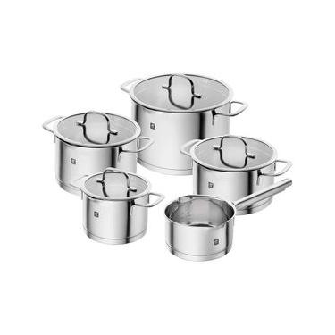 Imagem de Jogo de Panelas em Aço Inox Zwilling Trueflow 5 Peças: Tampa de Vidro e Sistema de Escoamento