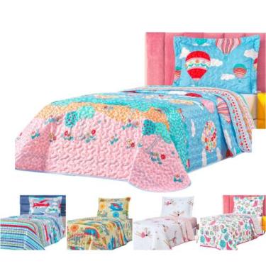 Imagem de Kit Colcha cama box solteiro infantil cobre leito dupla face cores mat