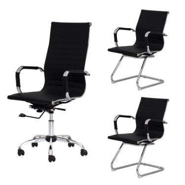 Imagem de Kit 1 Cadeira Presidente e 2 Cadeiras Interlocutor Preta - WAW DESIGN
