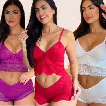 Imagem de Kit 3 Conjuntos Canelado Sem Bojo Renda Sem Ferrinho Revenda Atacado -