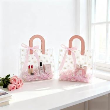 Imagem de YMASELA Saco de embrulho transparente para presente com alças (2 peças, 19 x 19 x 10 cm), bolsa de embalagem de presente de plástico à prova d'água para festas, sacolas de compras de PVC reutilizáveis