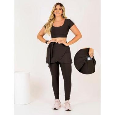 Imagem de Conjunto Calça Legging Saia Com Bolso Laço Top Cropped Moda Fitness Evangélica Academia...