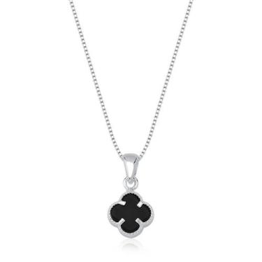 Imagem de Colar Feminino Prata 925 Pingente Trevo Cravejado - DR Joias, Preto, 4