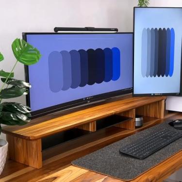 Imagem de Suporte Monitor 110x22cm Madeira Teca Maciça Premium Stand Desk Elevado Top Teka Setup Gamer Minimalista