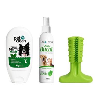 Imagem de Kit Higiene Bucal Pet Clean Menta Spray Creme Dental Mordedor Escova C