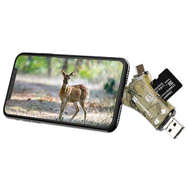 Imagem de Leitor de cartão SD Liplasting Trail Game para iPhone iPad Mac e Android, 4 em 1 SD/Micro SD/TF adaptador de leitor de cartão de memória para ver fotos de câmera de caça ou vídeos no smartphone