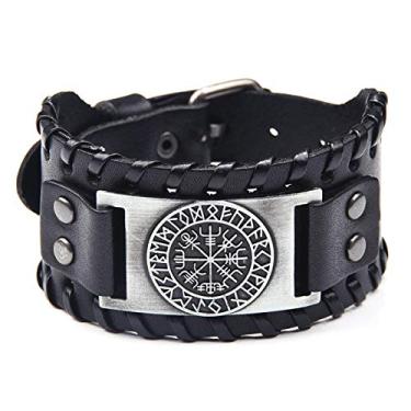 Imagem de Pulseira masculina de bússola larga de couro para presente prata