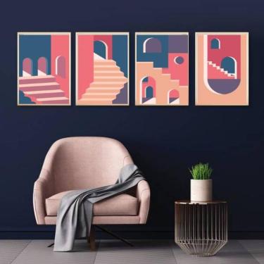 Imagem de Kit 4 Quadros Decorativos Figurativo Abstrato Rosa e Azul