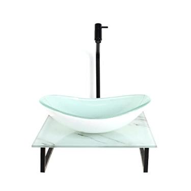 Imagem de KIT CUBA DE VIDRO OVAL 10MM COM TAMPO DE VIDRO 40CM X 40CM MÁRMORE BRANCO E SUPORTE PRETO