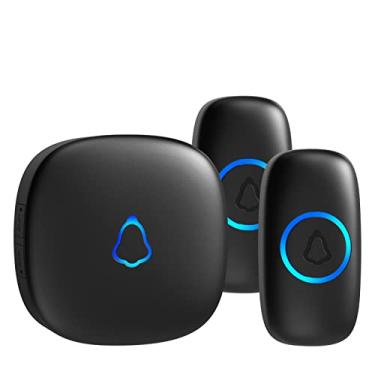 Imagem de SECRUI Campainha sem fio com 2 botões, mini campainha de porta à prova d'água, alcance de 110 dB, modo mudo, 58 sinos de porta e LED colorido piscando - preto